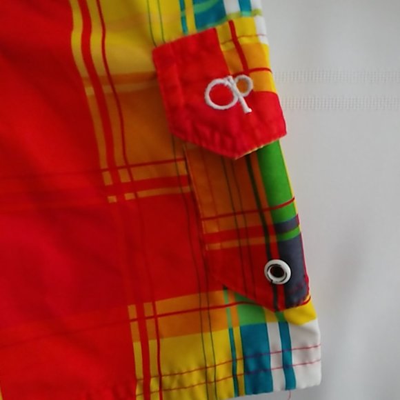 OP Boys Bright Red Yellow Tartan Plaid Swim Trunks - Picture 5 of 7